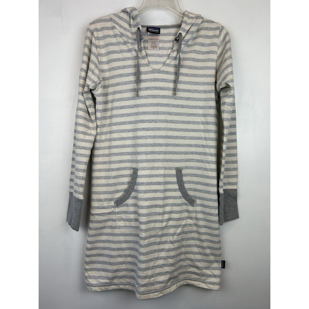 Patagonia Shirt Dress Womans Small Gray Striped Sweatshirt Hood Cotton Blend